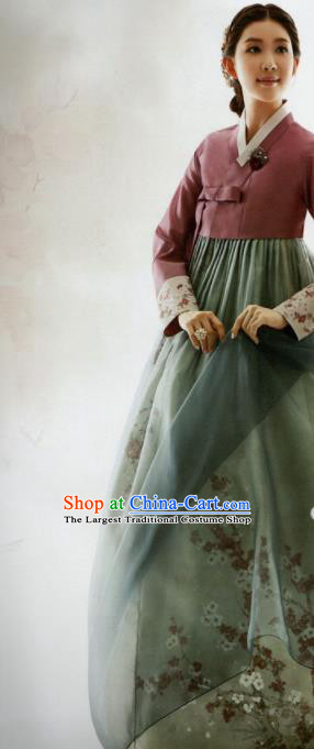 Korean Traditional Hanbok Mother Wine Red Blouse and Printing Green Dress Outfits Asian Korea Wedding Fashion Costume for Women