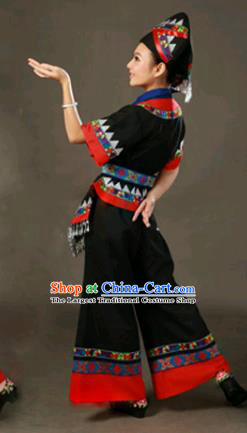 Chinese Traditional Zhuang Nationality Black Outfits Ethnic Minority Folk Dance Stage Show Costume for Women