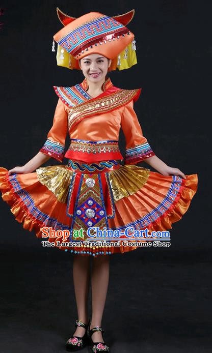 Chinese Traditional Zhuang Nationality Stage Show Orange Short Dress Ethnic Minority Folk Dance Costume for Women