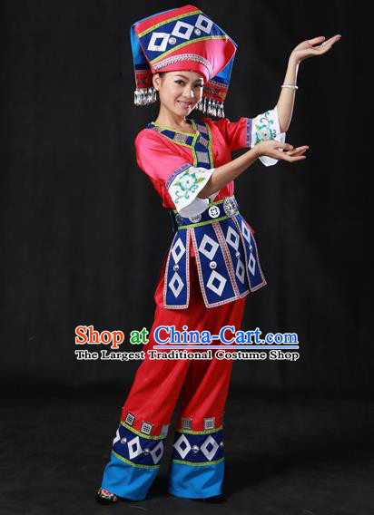 Chinese Traditional Zhuang Nationality Rosy Outfits Ethnic Minority Folk Dance Stage Show Costume for Women