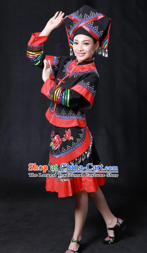 Chinese Traditional Guangxi Zhuang Nationality Stage Show Black Short Dress Ethnic Minority Folk Dance Costume for Women