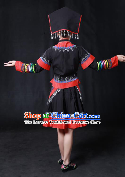 Chinese Traditional Guangxi Zhuang Nationality Stage Show Black Short Dress Ethnic Minority Folk Dance Costume for Women