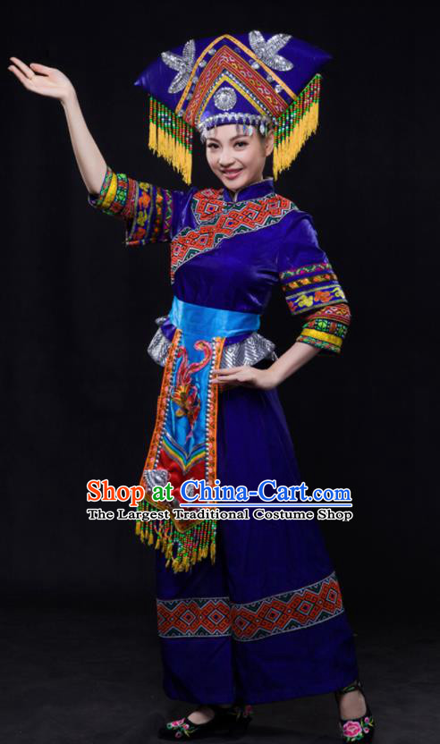 Chinese Traditional Guangxi Zhuang Nationality Royalblue Outfits Ethnic Minority Folk Dance Stage Show Costume for Women