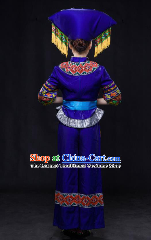 Chinese Traditional Guangxi Zhuang Nationality Royalblue Outfits Ethnic Minority Folk Dance Stage Show Costume for Women