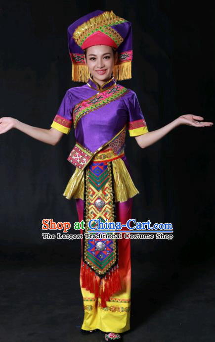 Chinese Traditional Guangxi Zhuang Nationality Purple Outfits Ethnic Minority Folk Dance Stage Show Costume for Women