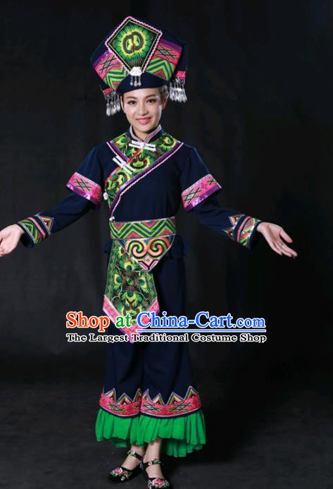 Chinese Traditional Guangxi Zhuang Nationality Navy Outfits Ethnic Minority Folk Dance Stage Show Costume for Women