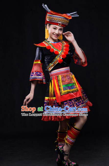Chinese Traditional Yao Nationality Short Dress Ethnic Minority Folk Dance Stage Show Costume for Women