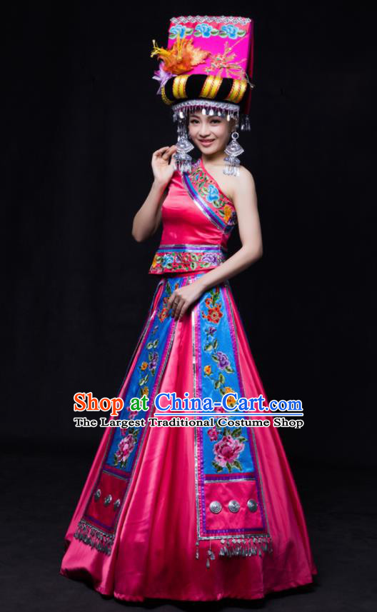 Chinese Traditional Yi Nationality Wedding Rosy Dress Ethnic Minority Folk Dance Stage Show Costume for Women