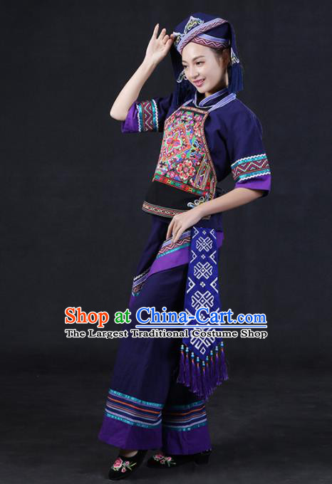 Chinese Traditional Zhuang Nationality Stage Show Purple Outfits Ethnic Minority Folk Dance Costume for Women