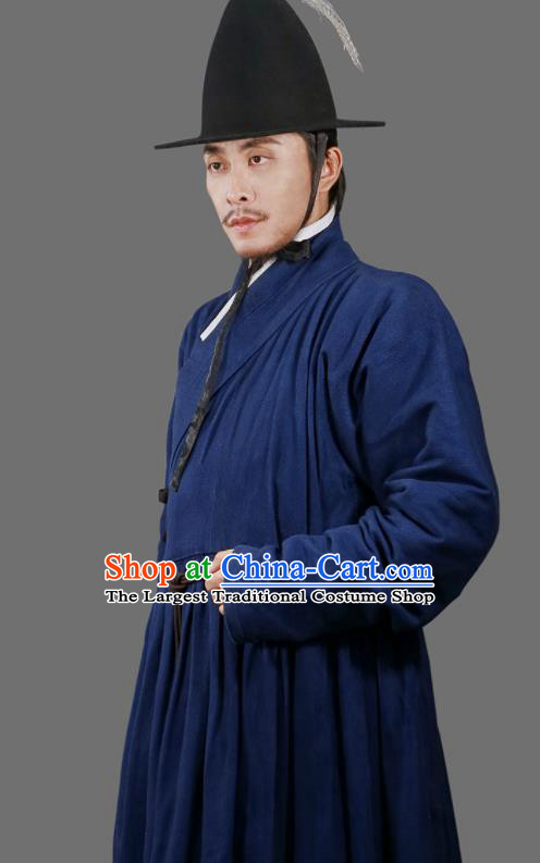 Traditional Chinese Ming Dynasty Swordsman Navy Robe Ancient Imperial Guards Costumes for Men