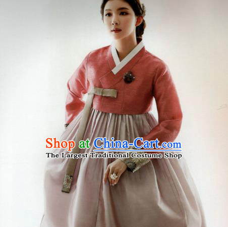 Korean Traditional Hanbok Mother Orange Blouse and Cameo Brown Dress Outfits Asian Korea Wedding Fashion Costume for Women