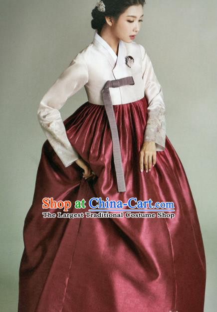 Korean Traditional Hanbok Mother White Satin Blouse and Wine Red Dress Outfits Asian Korea Fashion Costume for Women