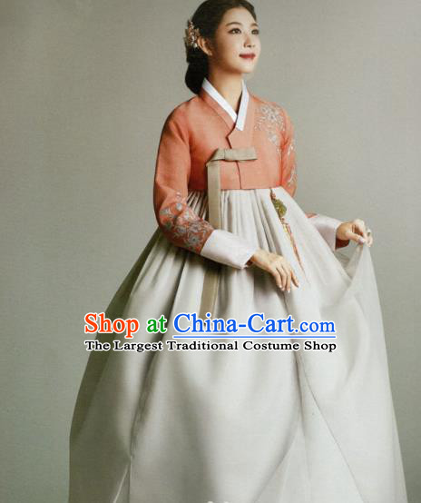 Korean Traditional Hanbok Mother Orange Blouse and Beige Satin Dress Outfits Asian Korea Fashion Costume for Women