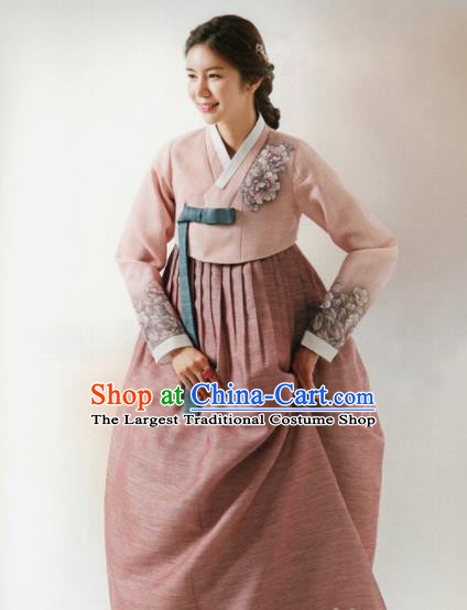 Korean Traditional Hanbok Wedding Mother Printing Peony Pink Blouse and Dress Outfits Asian Korea Fashion Costume for Women