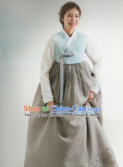 Korean Traditional Hanbok Wedding Mother Blue Blouse and Grey Dress Outfits Asian Korea Fashion Costume for Women