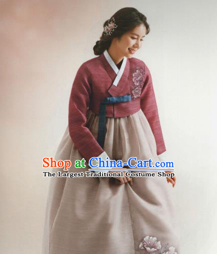 Korean Traditional Hanbok Wedding Mother Purplish Red Blouse and Grey Dress Outfits Asian Korea Fashion Costume for Women