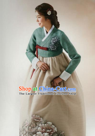Korean Traditional Hanbok Wedding Mother Printing Peony Green Blouse and Beige Dress Outfits Asian Korea Fashion Costume for Women
