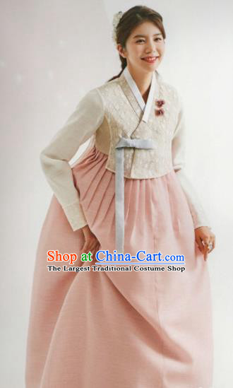 Korean Traditional Hanbok Wedding Bride Beige Blouse and Pink Dress Outfits Asian Korea Fashion Costume for Women