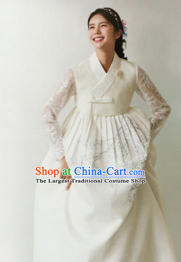 Korean Traditional Hanbok Wedding Bride Blouse and Printing White Dress Outfits Asian Korea Fashion Costume for Women