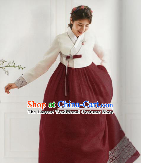 Korean Traditional Hanbok Wedding Bride White Blouse and Purplish Red Dress Outfits Asian Korea Fashion Costume for Women