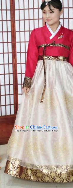 Korean Traditional Hanbok Bride Red Blouse and Beige Dress Outfits Asian Korea Wedding Fashion Costume for Women