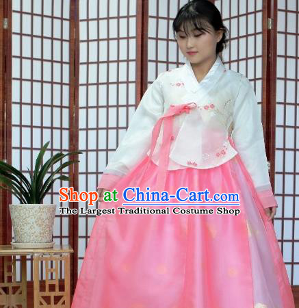 Korean Traditional Hanbok White Blouse and Pink Dress Outfits Asian Korea Wedding Fashion Costume for Women