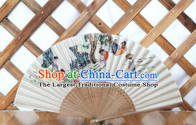 Korean Traditional Folk Wood Folding Fan Asian Korea Printing Paper Fans for Women