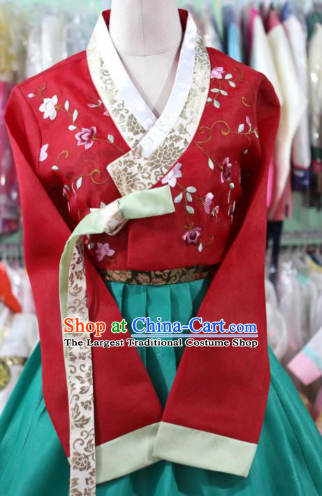 Korean Traditional Bride Garment Hanbok Embroidered Red Blouse and Green Dress Outfits Asian Korea Fashion Costume for Women