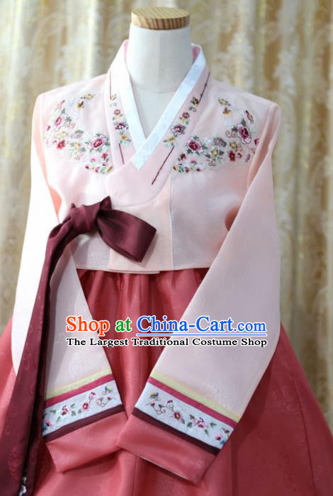 Korean Traditional Bride Garment Hanbok Embroidered Pink Blouse and Red Dress Outfits Asian Korea Fashion Costume for Women