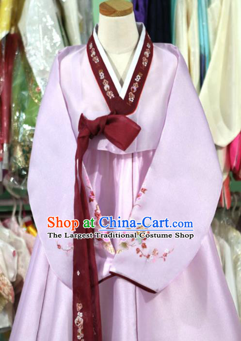 Korean Traditional Bride Garment Hanbok Embroidered Lilac Blouse and Pink Dress Outfits Asian Korea Fashion Costume for Women