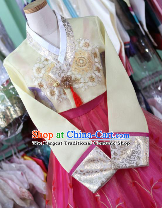 Korean Traditional Bride Garment Hanbok Embroidered Yellow Blouse and Rosy Dress Outfits Asian Korea Fashion Costume for Women
