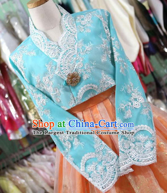 Korean Traditional Garment Bride Hanbok Embroidered Blue Blouse and Orange Dress Outfits Asian Korea Fashion Costume for Women