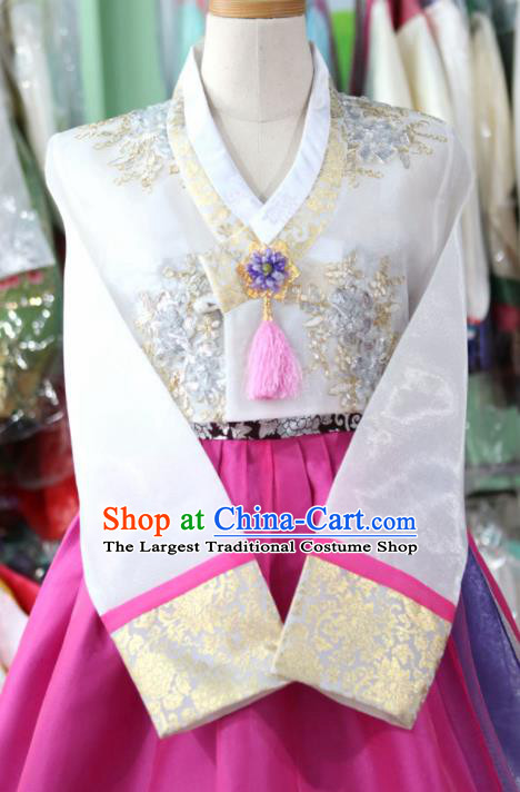 Korean Traditional Garment Bride Mother Hanbok Embroidered White Blouse and Rosy Dress Outfits Asian Korea Fashion Costume for Women