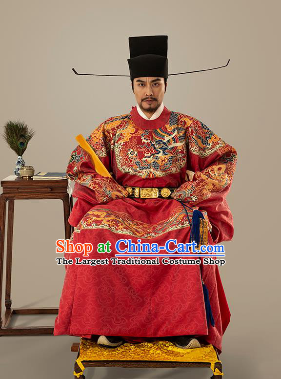 Traditional Chinese Ming Dynasty Emperor Red Embroidered Dress Ancient Royal King Costumes for Men