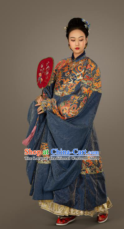 Traditional Chinese Ming Dynasty Court Countess Blue Embroidered Dress Ancient Royal Queen Costumes for Women