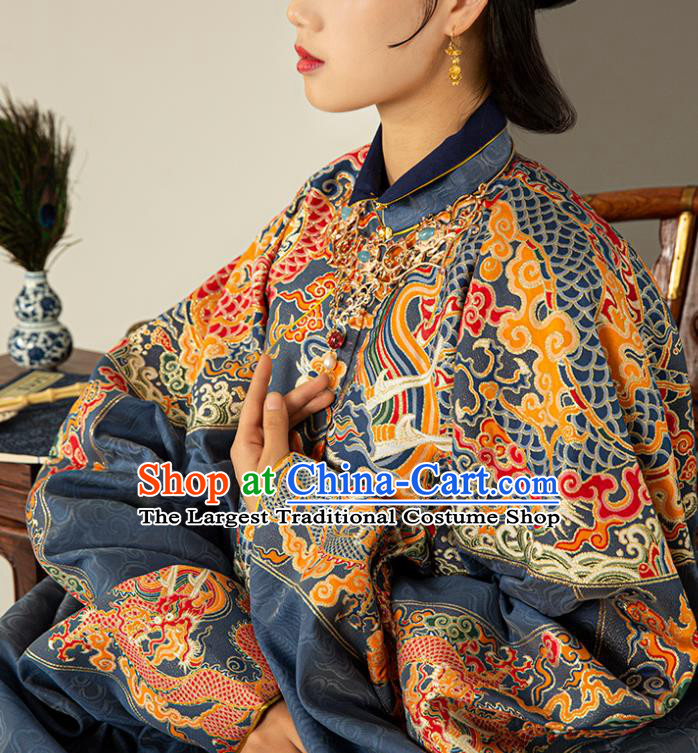 Traditional Chinese Ming Dynasty Court Countess Blue Embroidered Dress Ancient Royal Queen Costumes for Women