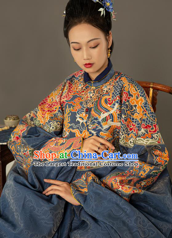 Traditional Chinese Ming Dynasty Court Countess Blue Embroidered Dress Ancient Royal Queen Costumes for Women