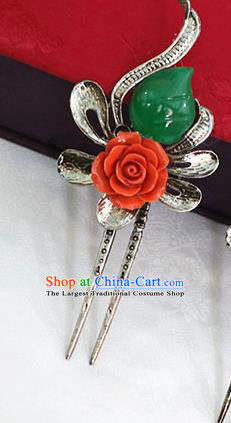 Korean Traditional Wedding Bride Red Rose Jade Hairpins Asian Korea Hanbok Hair Accessories for Women