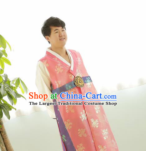 Korean Traditional Pink Silk Long Vest and Pants Hanbok Asian Korea Bridegroom Fashion Costume for Men