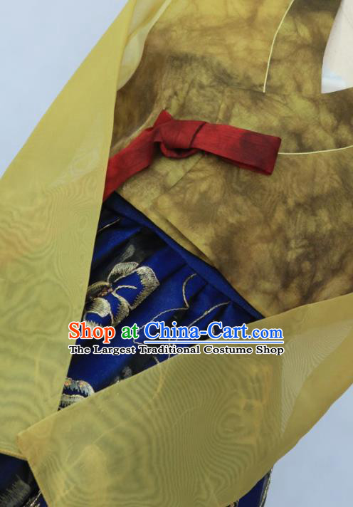 Korean Traditional Garment Ginger Blouse and Royalblue Dress Bride Hanbok Asian Korea Fashion Costume for Women
