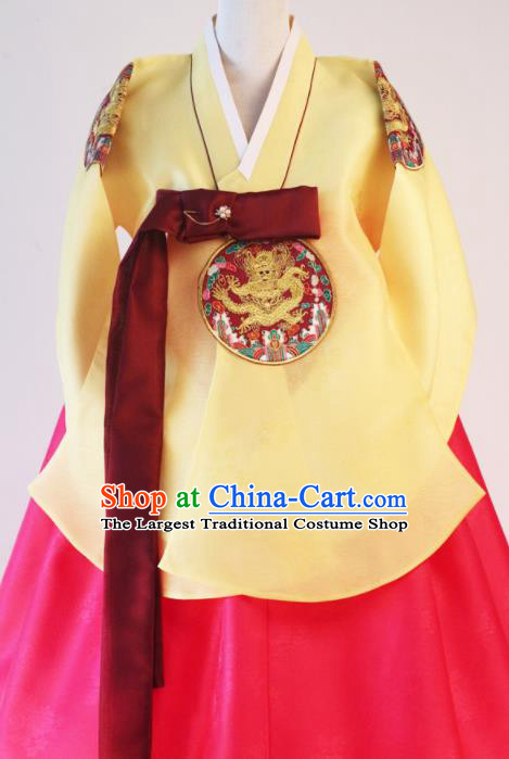 Korean Traditional Hanbok Garment Yellow Blouse and Rosy Dress Asian Korea Fashion Costume for Women