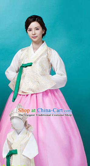 Korean Traditional Court Mother Hanbok Garment Light Golden Blouse and Pink Dress Asian Korea Fashion Costume for Women