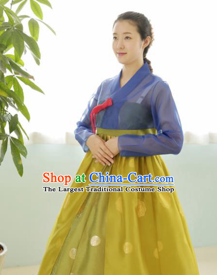 Korean Traditional Court Hanbok Garment Blue Blouse and Ginger Dress Asian Korea Fashion Costume for Women