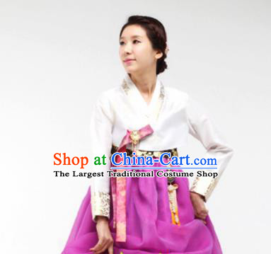Korean Traditional Bride Mother Hanbok White Blouse and Purple Dress Garment Asian Korea Fashion Costume for Women