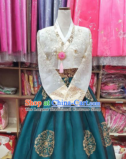 Korean Traditional Bride Hanbok White Blouse and Peacock Green Dress Garment Asian Korea Fashion Costume for Women