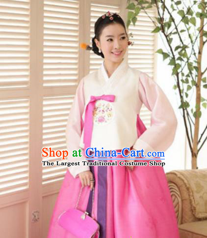 Korean Traditional Court Hanbok Garment Embroidered White Blouse and Pink Dress Asian Korea Fashion Costume for Women