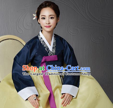 Korean Traditional Bride Hanbok Navy Blouse and Yellow Dress Garment Asian Korea Fashion Costume for Women