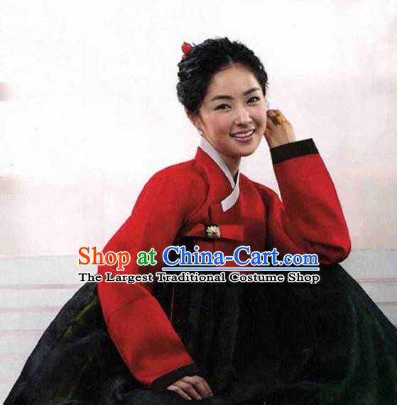 Korean Traditional Bride Hanbok Red Blouse and Black Dress Garment Asian Korea Fashion Costume for Women