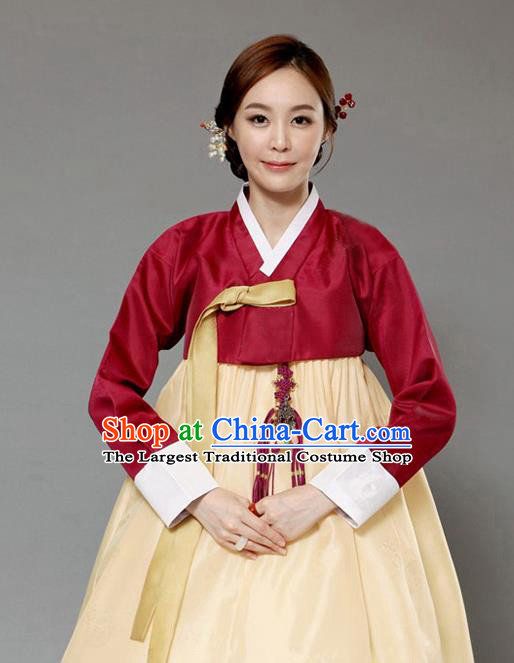 Korean Traditional Bride Hanbok Wine Red Blouse and Yellow Dress Garment Asian Korea Fashion Costume for Women