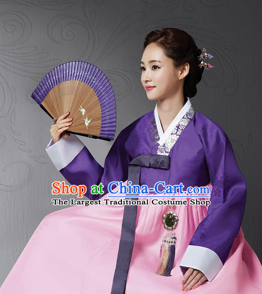 Korean Traditional Bride Hanbok Deep Purple Blouse and Pink Dress Garment Asian Korea Fashion Costume for Women